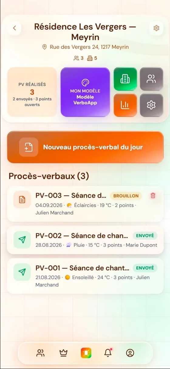 Écran d'un chantier dans VerboApp : compteurs de PV réalisés, envoyés et points ouverts, modèle de PV en vigueur, bouton de création du procès-verbal du jour, et liste des PV avec leur statut et la météo