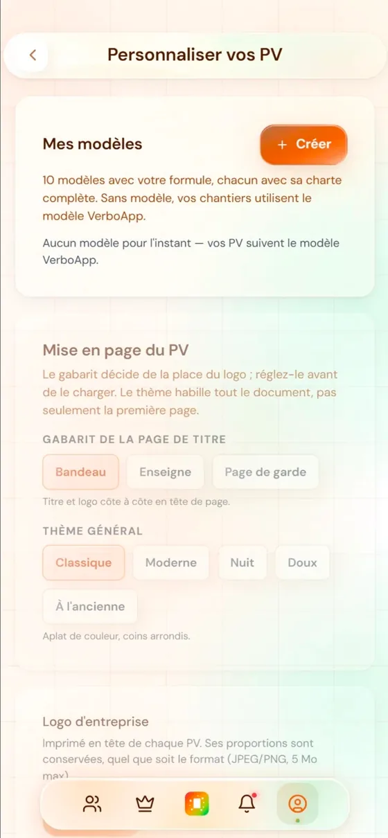 Écran « Personnaliser vos PV » de VerboApp : création de modèles, choix du gabarit de la page de titre, choix du thème du document et dépôt du logo d'entreprise